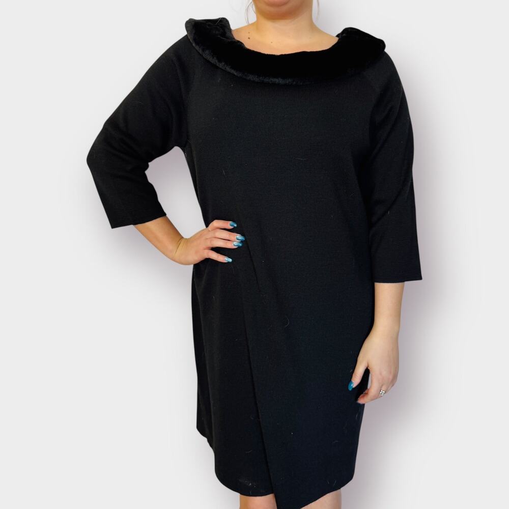 90s Nina Leonard Black Dress with Faux Fur‎ Trim Size 3X